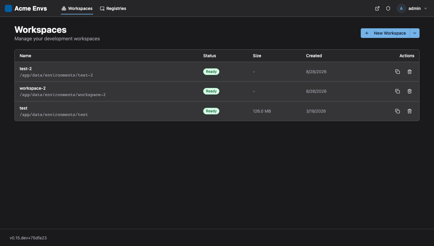 Nebi workspaces page with custom branding in dark mode