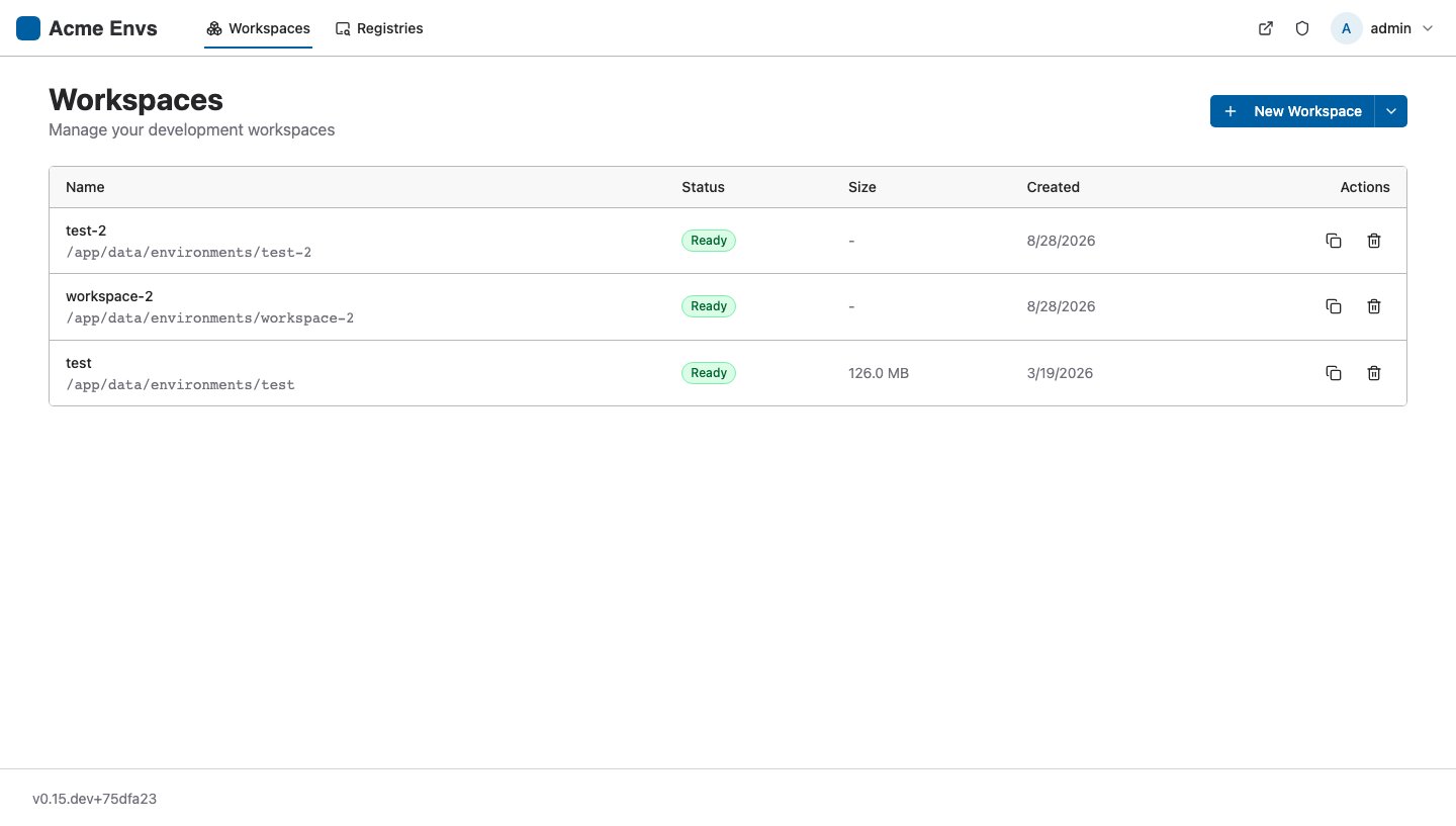 Nebi workspaces page with custom branding in light mode