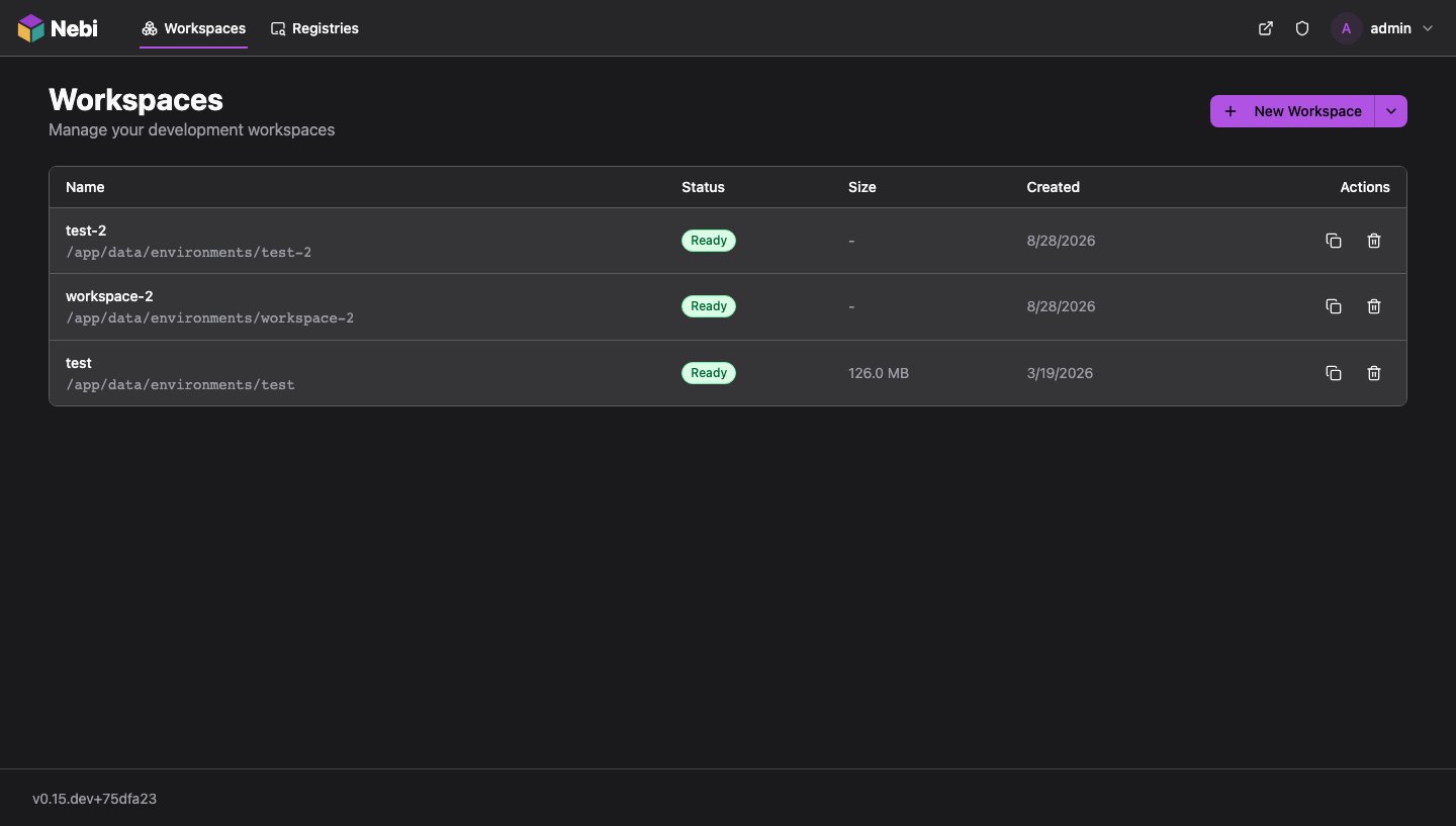 Nebi workspaces page with the default theme in dark mode