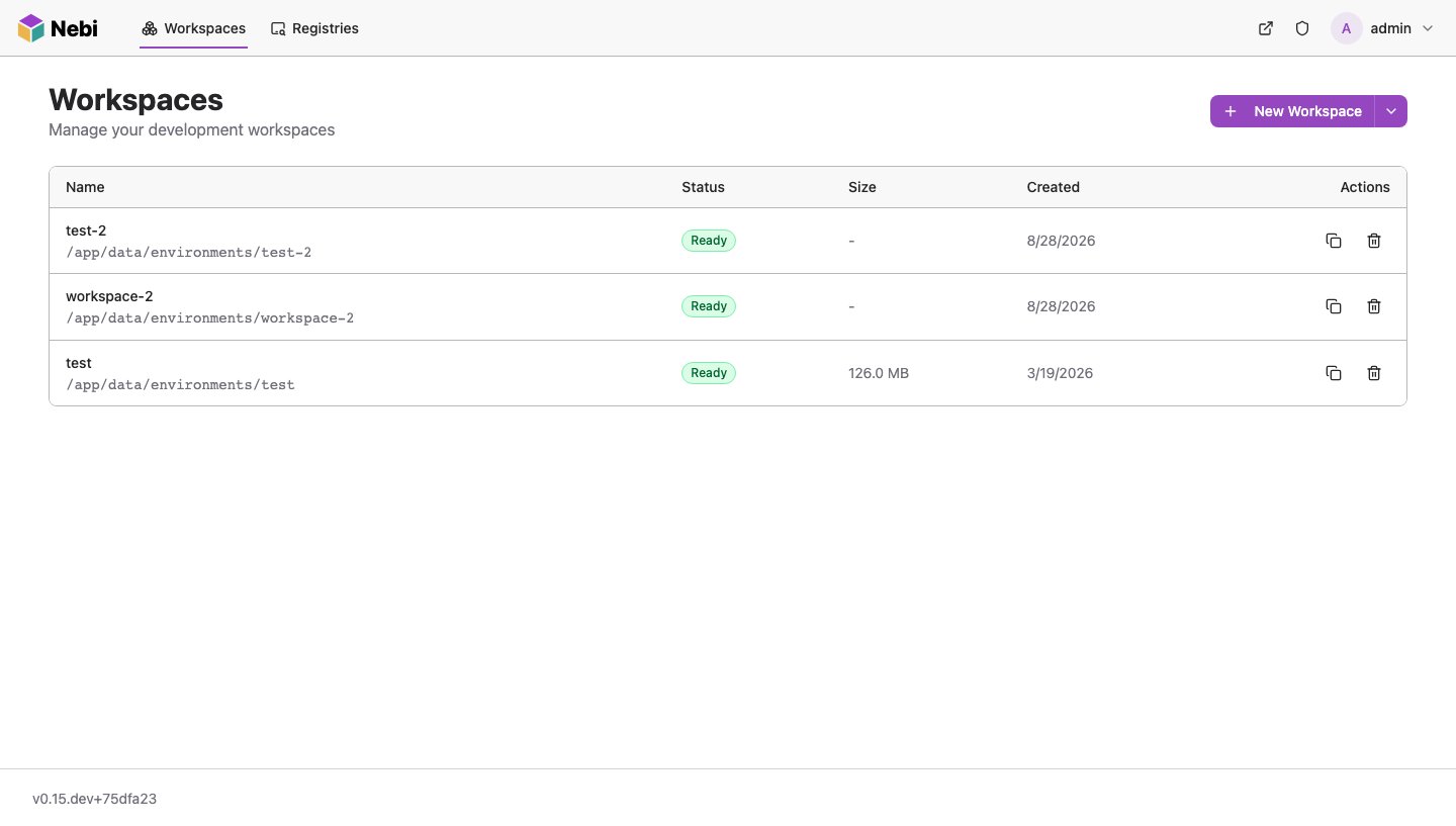 Nebi workspaces page with the default theme in light mode